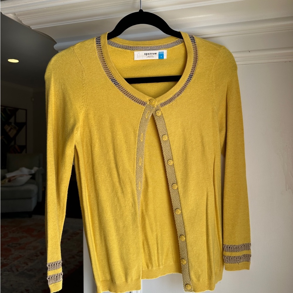 Sparrow Yellow Cardigan Sweater with Gray Trim